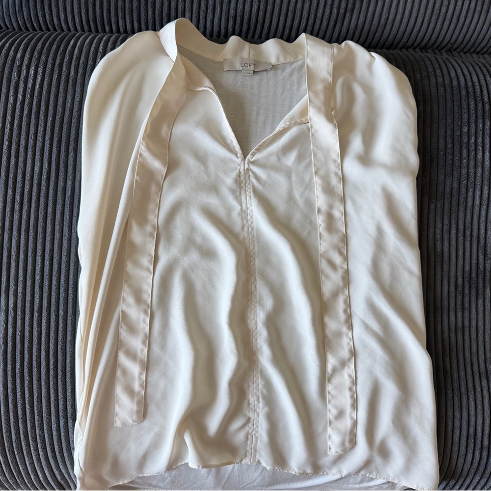 LOFT Cream Tie-Neck V-Neck Blouse